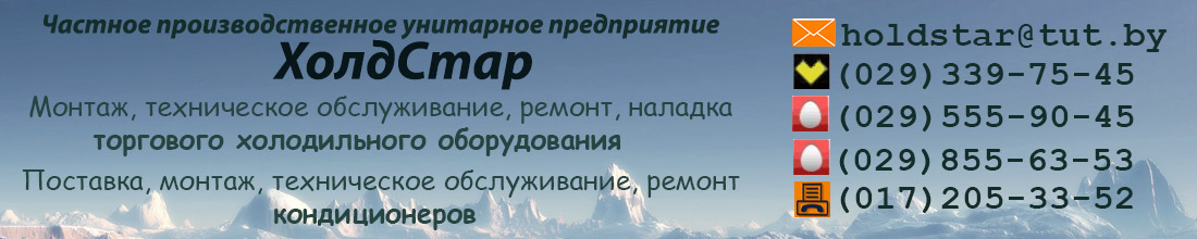 Частное производственное предприятие ХолдСтар. Монтаж, техническое обслуживание, ремонт, наладка торгового холодильного оборудования. Поставка, монтаж, техническое обслуживание, ремонт кондиционеров. тел. (029)3397545, (029)5559045, (029)8556353, факс. email: holdstar@tut.by 